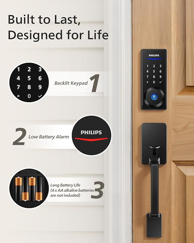Philips Wi-Fi Smart Lock with Handle, Keyless Entry Keypad Door Lock with Handle, Front Door Deadbolt Set with WiFi Gateway, App Control, Fingerprint Unlock, PIN Code Unlock, Auto Locking