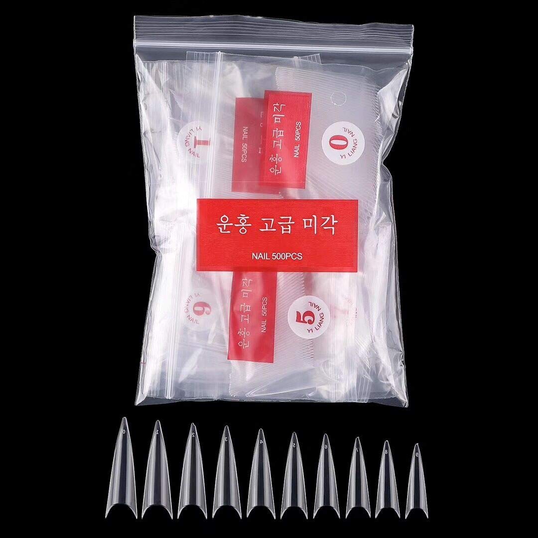 600pcs Stiletto Nail Tips Long Shape Clear Half Cover False Nail Art Tips ,DIY Nail Salon Art 10 Size with Bag
