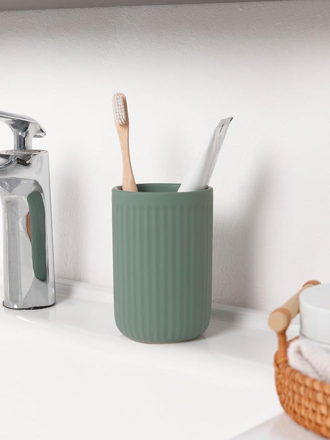 INGOFIN Ceramic Toothbrush Holder, 12 oz Toothpaste Holder Bathroom Cup, Tooth Brush Holder for Vanity Countertop, Organizer Storage for Cosmetic, Makeup, Office Pencils, Matte Green