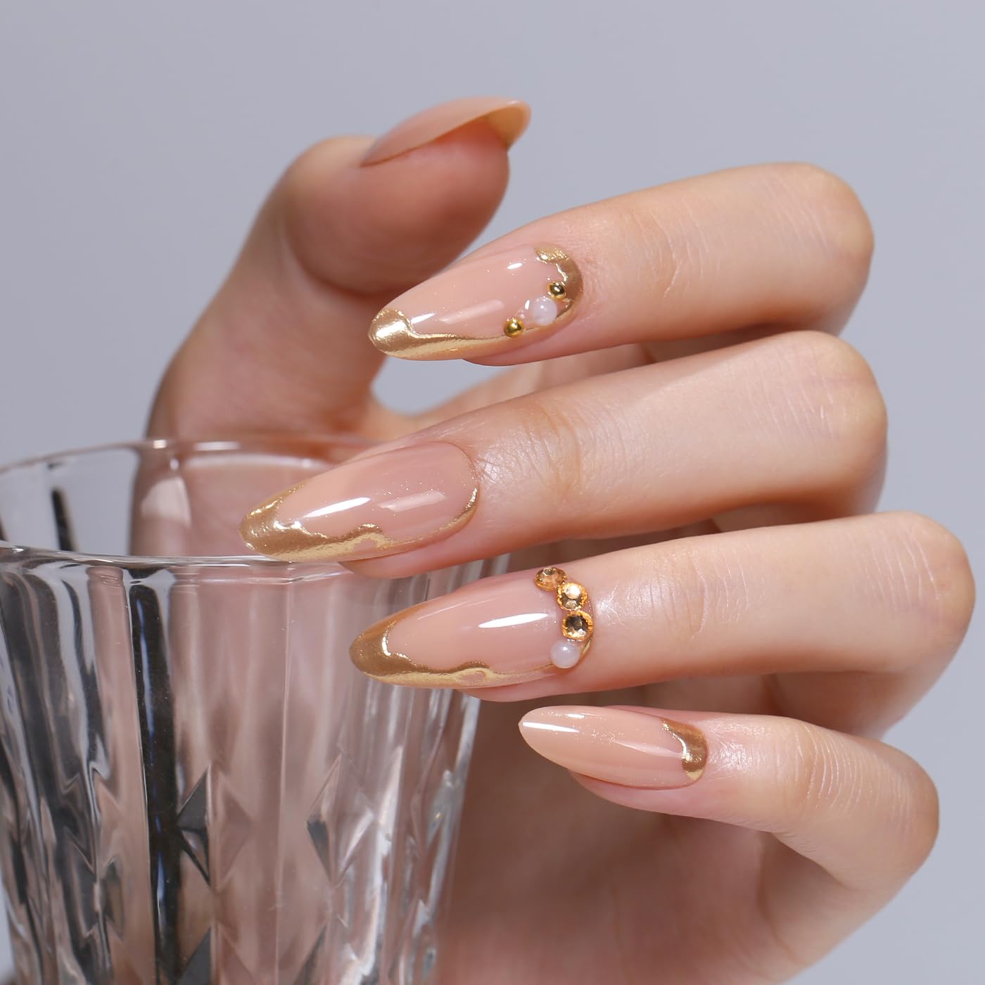 Goolich Medium Almond Chrome Gold Line Press On Nails, 3D Bead Charms French Tip Design Nails Press ons Set with Adhesive Tabs, 24 Pcs 12 Size Reusable Full Cover Glue on Nails for Women