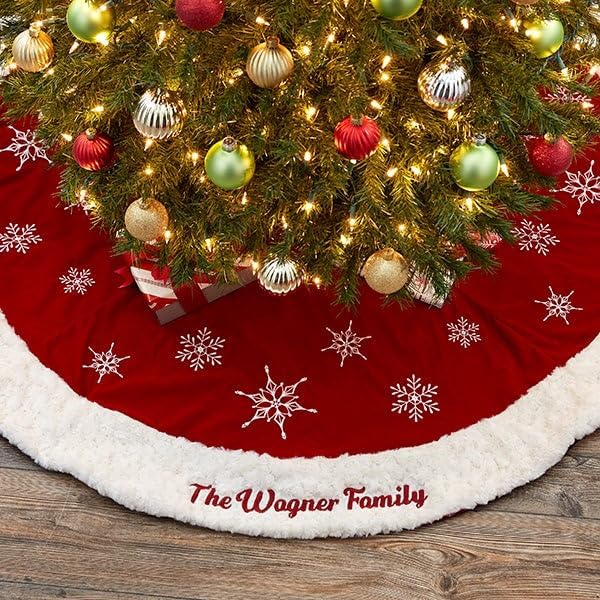 Personalization Universe Winter Wonderland Personalized Tree Skirt - Embroidered Christmas Decorations with Name, 54" Christmas Tree Skirt with Faux Fur & Snowflake Decorations