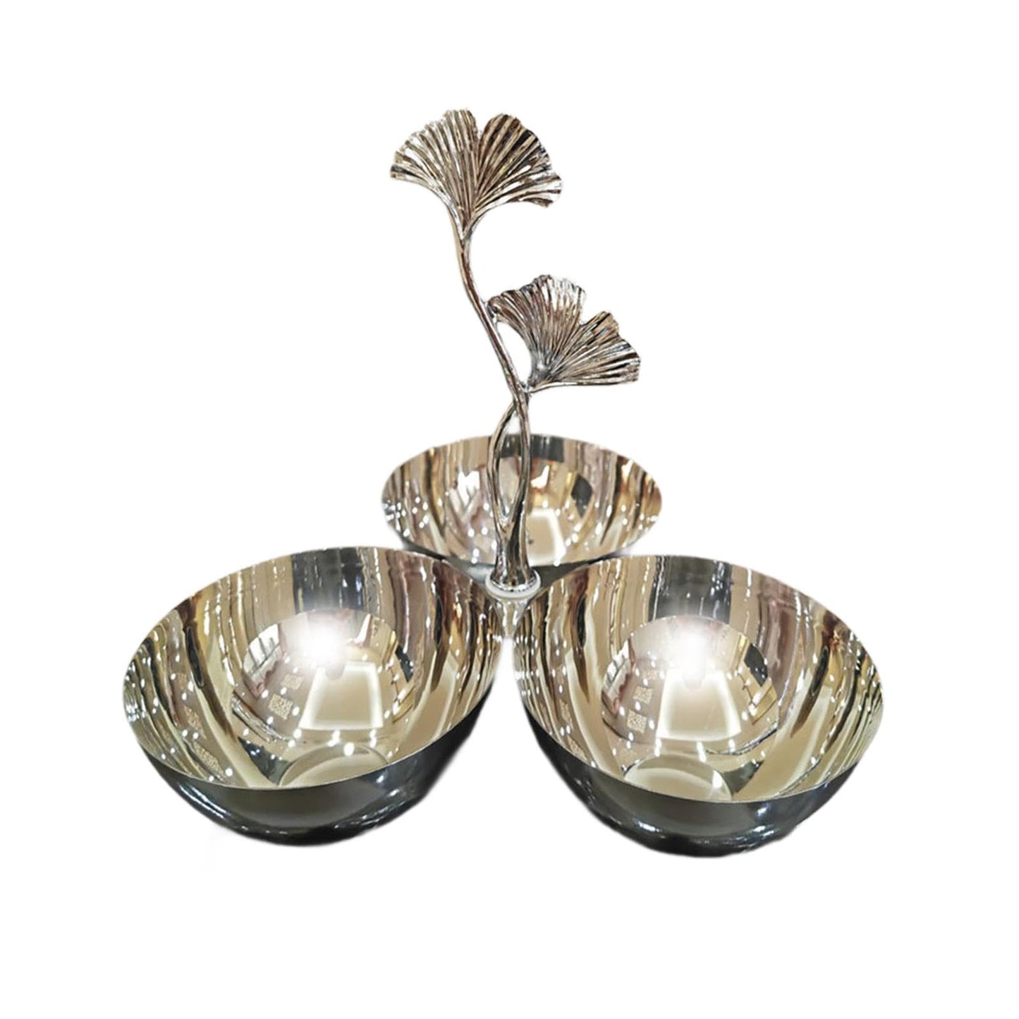 KLKCMS Stainless Steel Snack Bowls,3 in 1 Cluster Serving Bowls,Decorative,Portable,Connected Fruit Bowl for Snacks Home Decor Tea, Ginkgo Handle