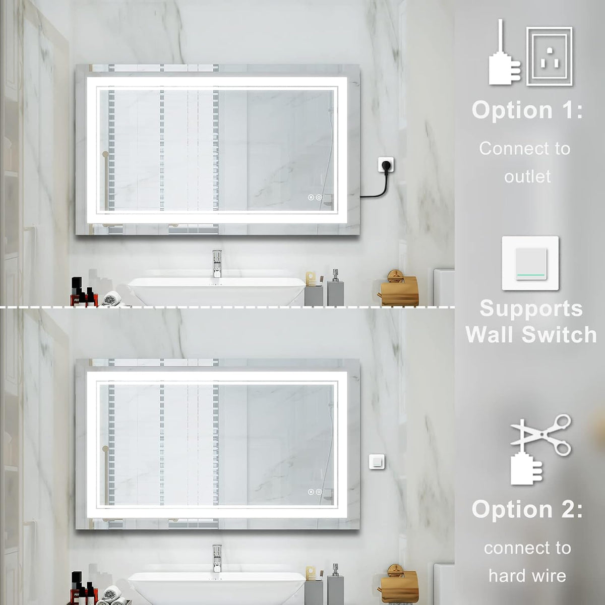 WELLFOR LED Bathroom Vanity Mirror 40 x 24 Inch, Lighted Anti-Fog Dimmable Mirror, IP44 Waterproof Wall Mounted Makeup Mirror, Packed with US Standard Plug and Touch Switch, (Horizontal/Vertical)