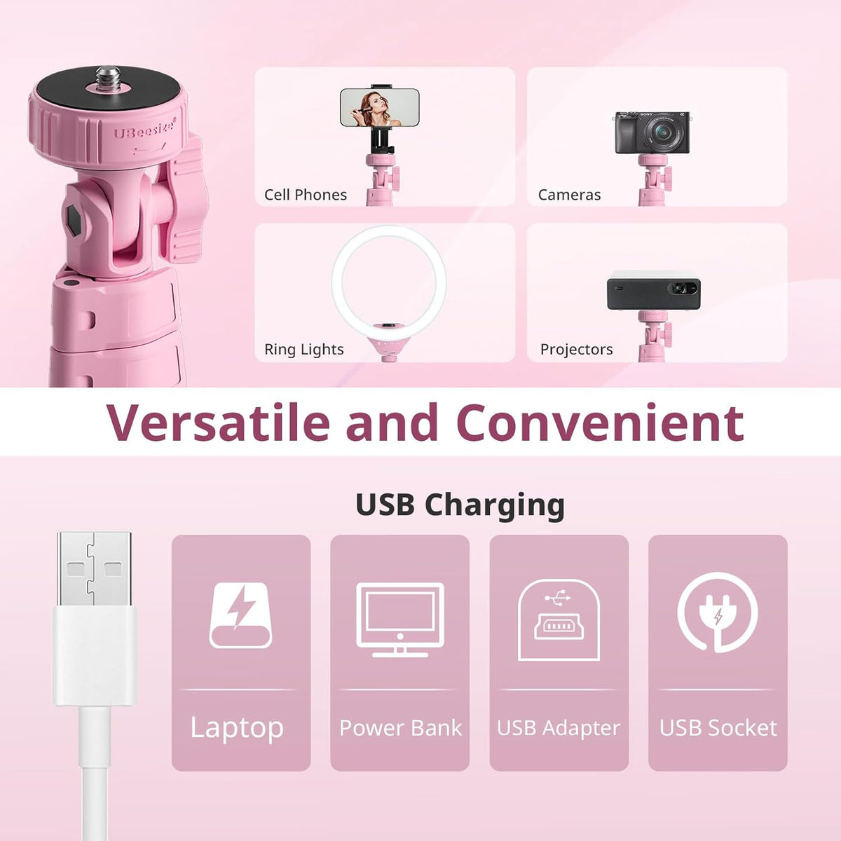 UBeesize 12'' Selfie Ring Light with 62’’ Tripod Stand for Video Recording, Live Streaming(YouTube, Instagram, TIK Tok), Compatible with Phones, Cameras and Webcams Pink