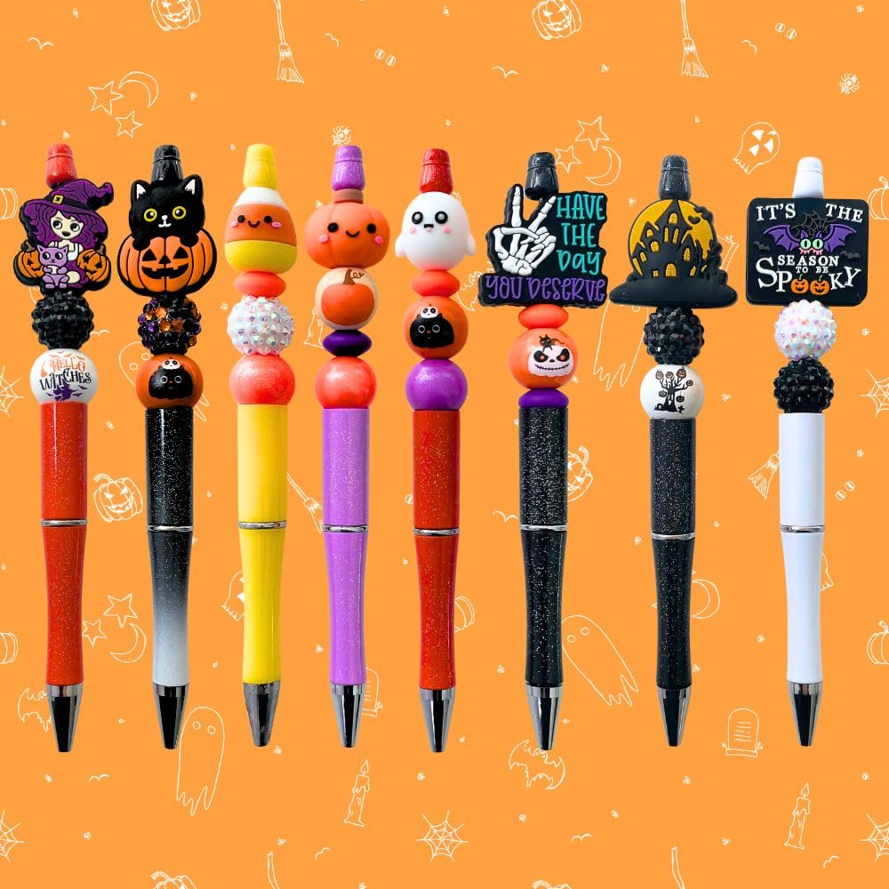 YJ PREMIUMS 8PC Halloween Bead Pens Cool Monsters Creepy Wicked Witch Spooky Scary Stuff Skull Pumpkin Haunted Birthday Decorations Decorative Desk Accessories Set School Office Supplies For Adults