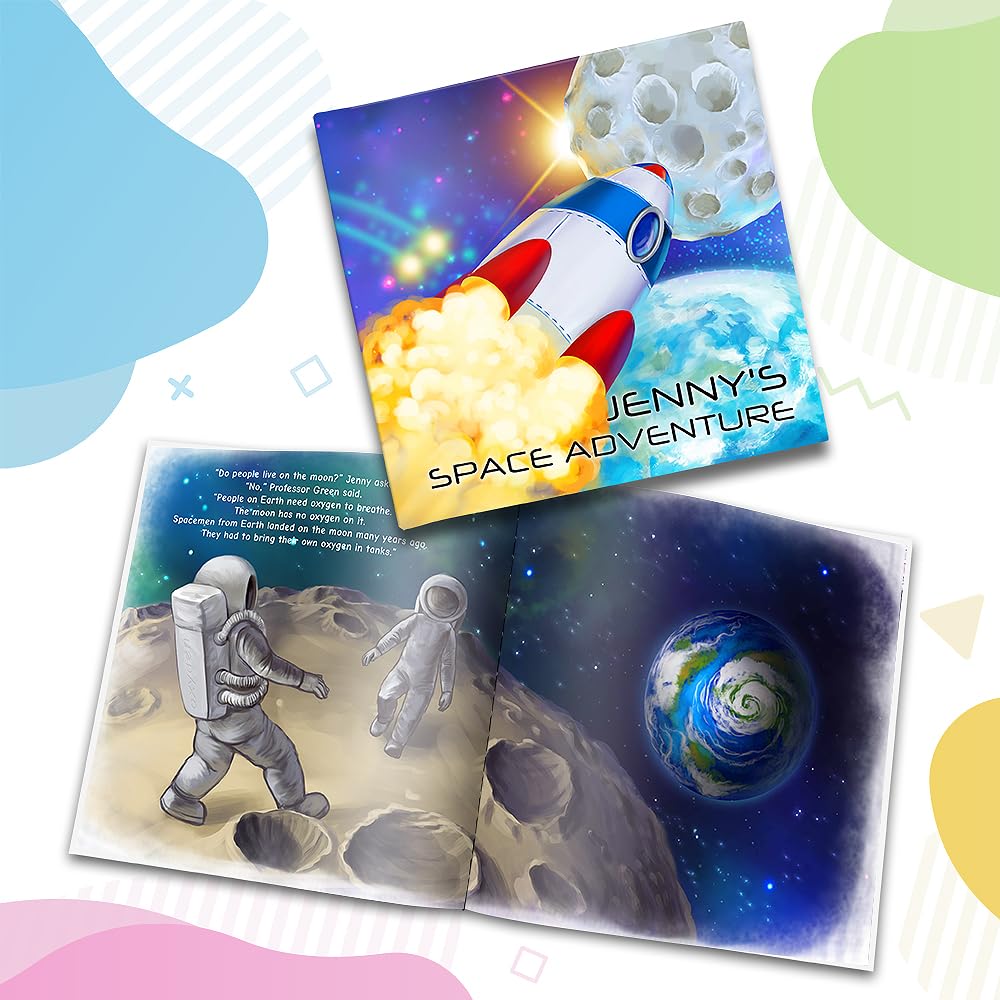 Personalized Story Book by Dinkleboo - Space Adventure - A Story About Your Son or Daughter Going to The Moon - for Children Aged 0 to 8 Years Old - Soft Cover - Smooth, Glossy Finish (8"x 8")