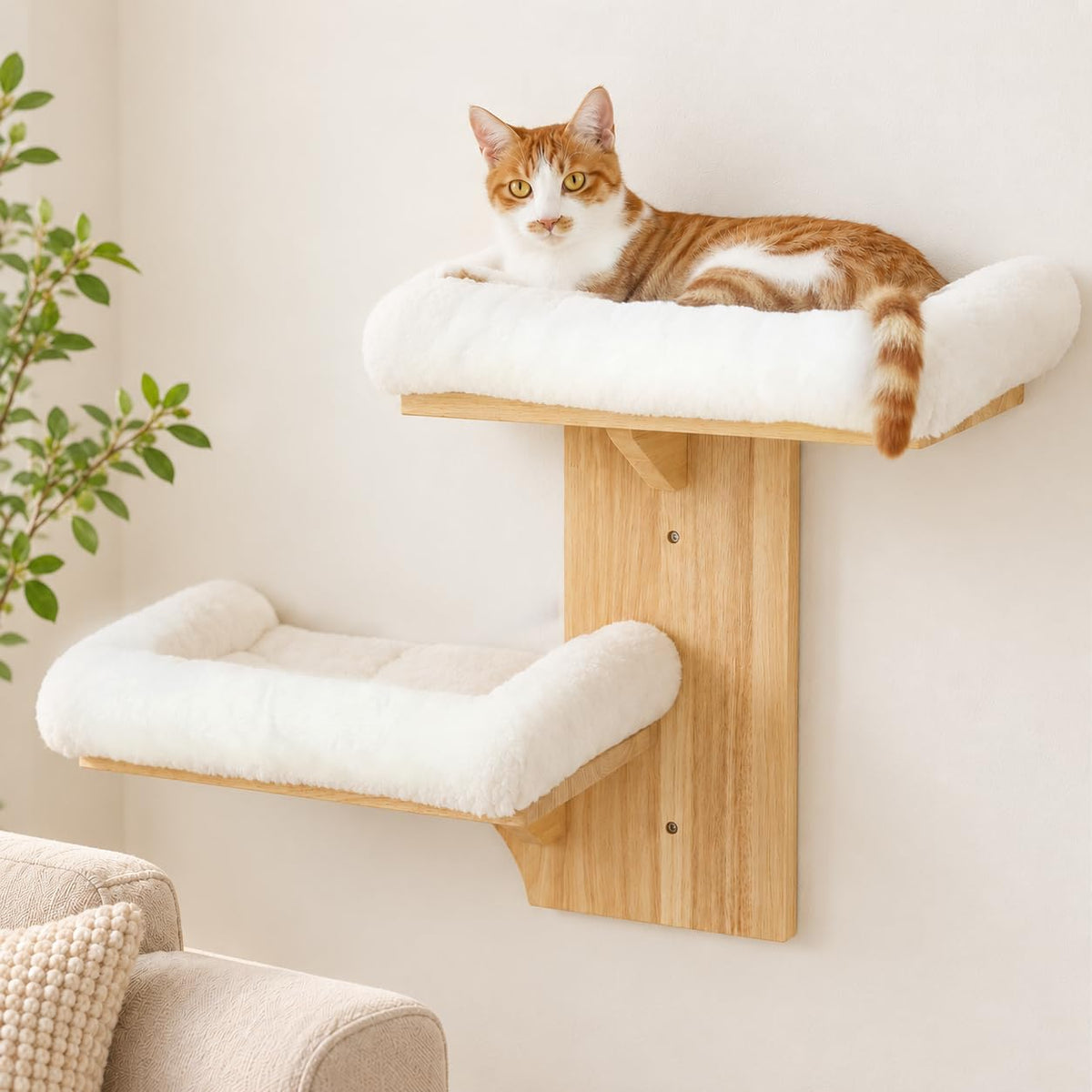 FUKUMARU Cat Wall Shelves, 2 Platform Kitten Wall Furniture, Tree Shape Wall-Mounted Floating Shelf with Sisal Mat, Solid Rubber Wood Cats Perch for 16 Inch Drywall, Suitable for Climb, Play, Nap