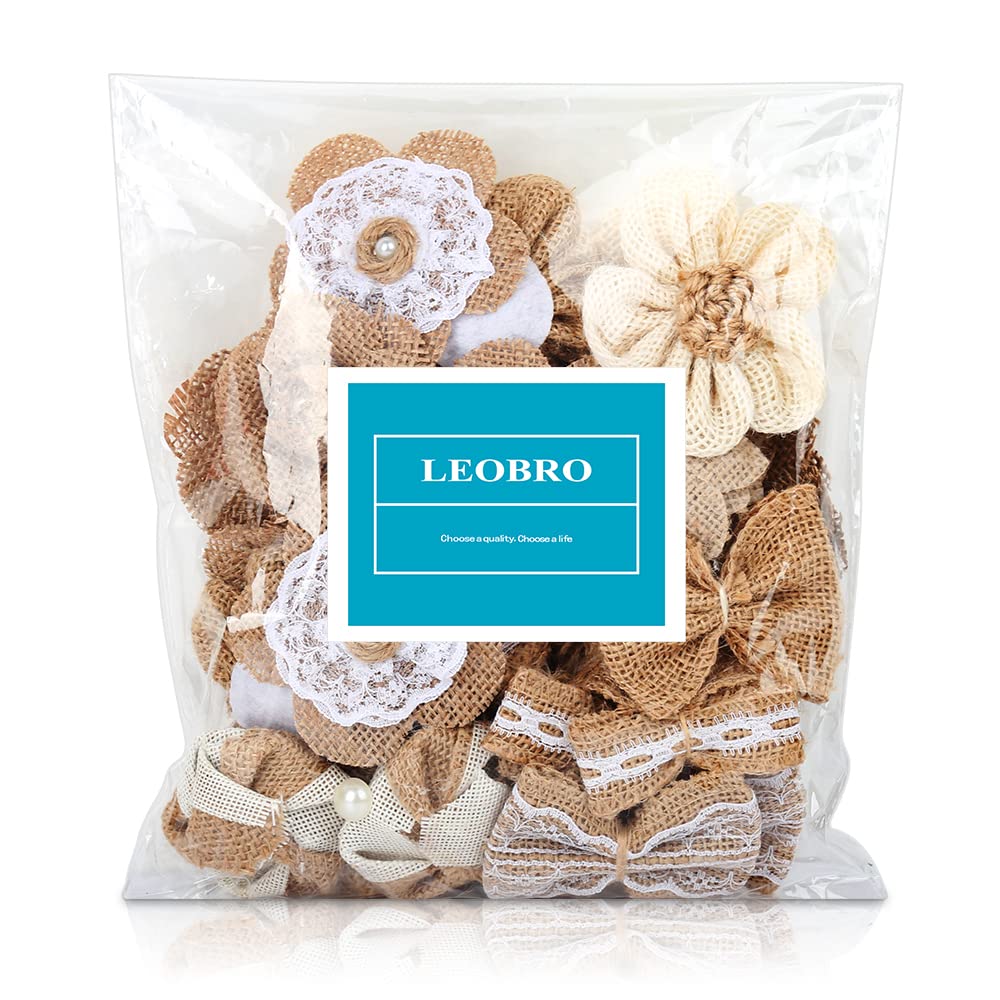 LEOBRO 33PCS Handmade Burlap Flowers Set, 8 Styles Rustic Artificial Flowers & 3 Styles Craft Burlap Lace Pearl Bowknot, for Wedding Home Decoration Christmas Party DIY Craft Bouquets