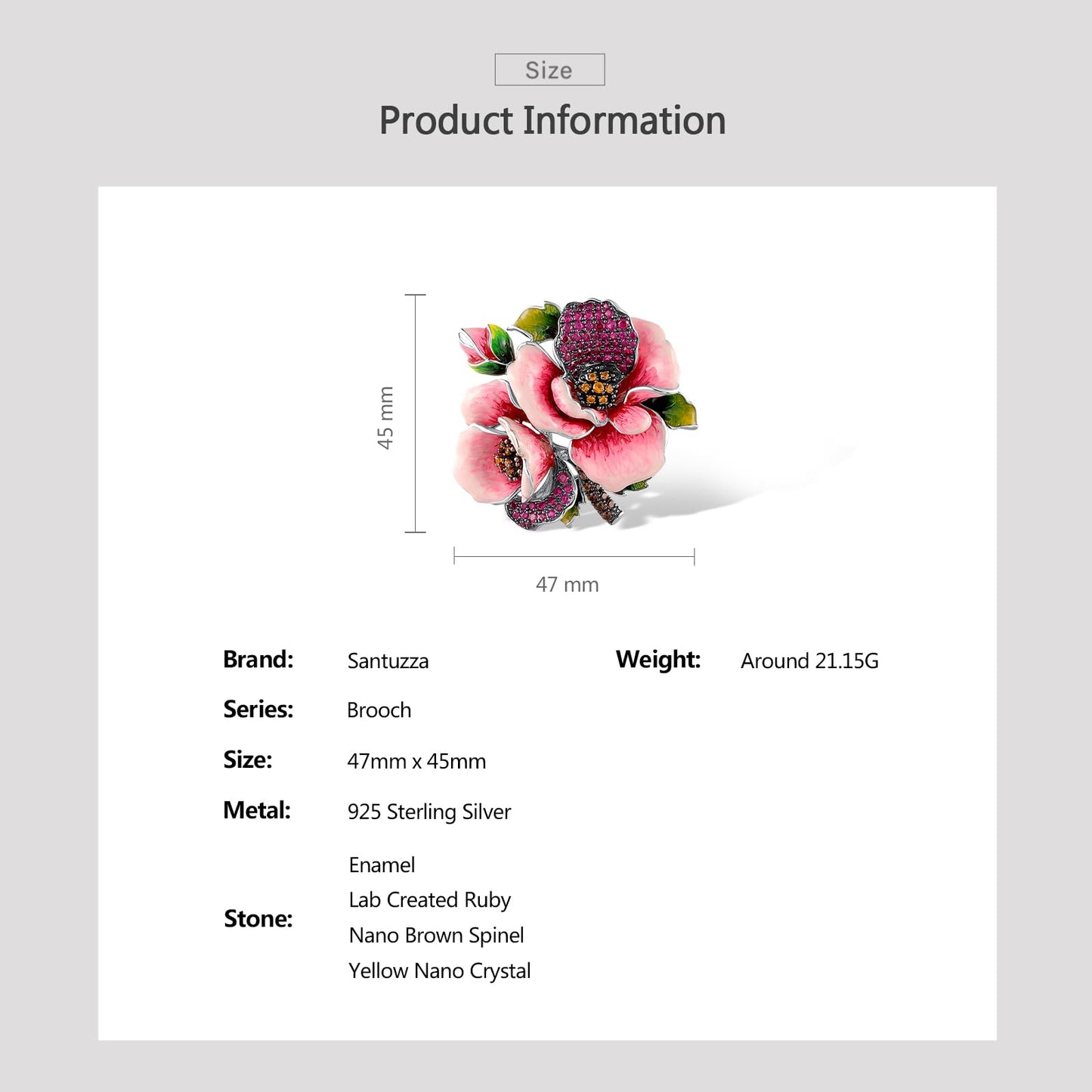 Santuzza Rose Brooch 925 Sterling Silver Created Ruby Nano Brown Spinel Enamel Pink Flower Brooch Pin for Women