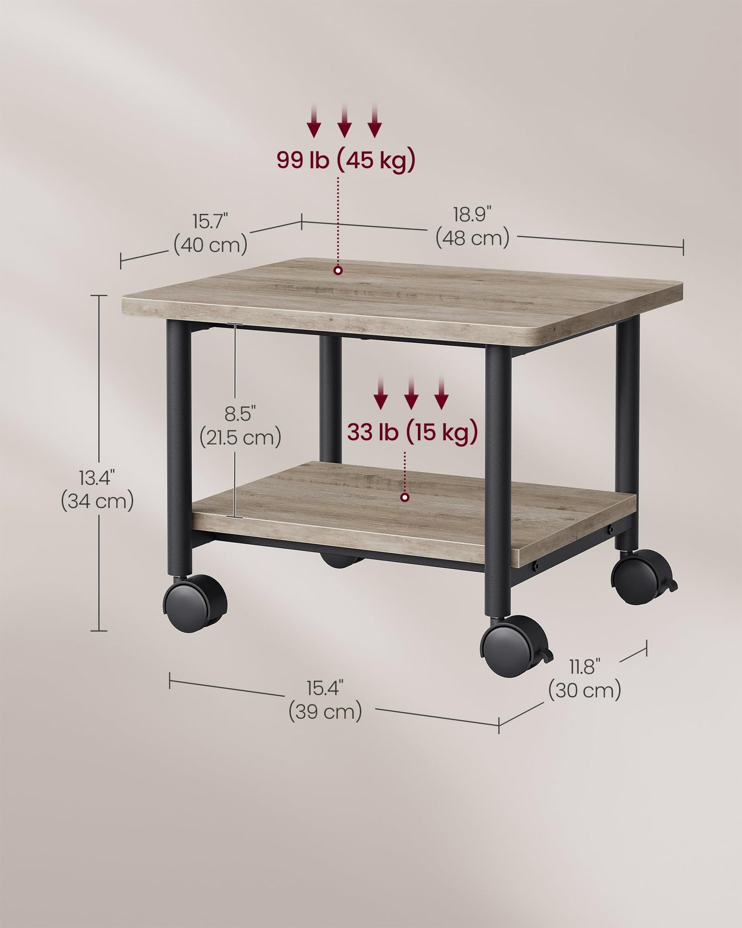 VASAGLE Heavy-Duty Printer Stand with Locking Wheels, 2-Tier Industrial Mobile Cart with Storage Shelf, Under Desk Printer Table for Home, Office, 13.4" Height, Heather Greige and Black UOPS002B02
