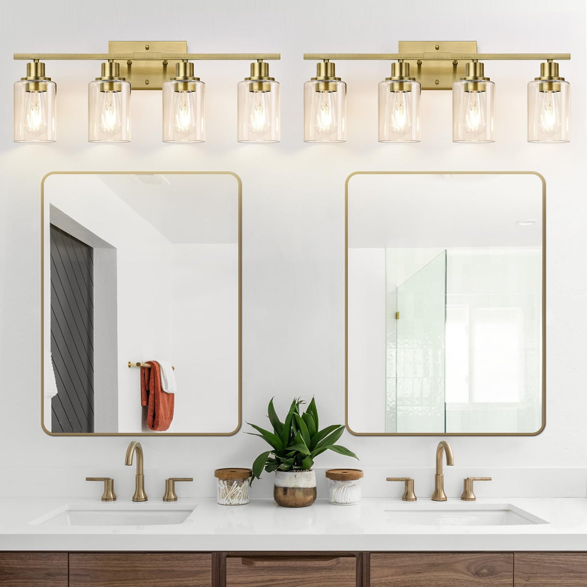4 Light Bathroom Light Fixtures, Brass Vanity Lights for Bathroom with Clear Glass Shades, Modern Bathroom Wall Sconces for Mirror Living Room Cabinet