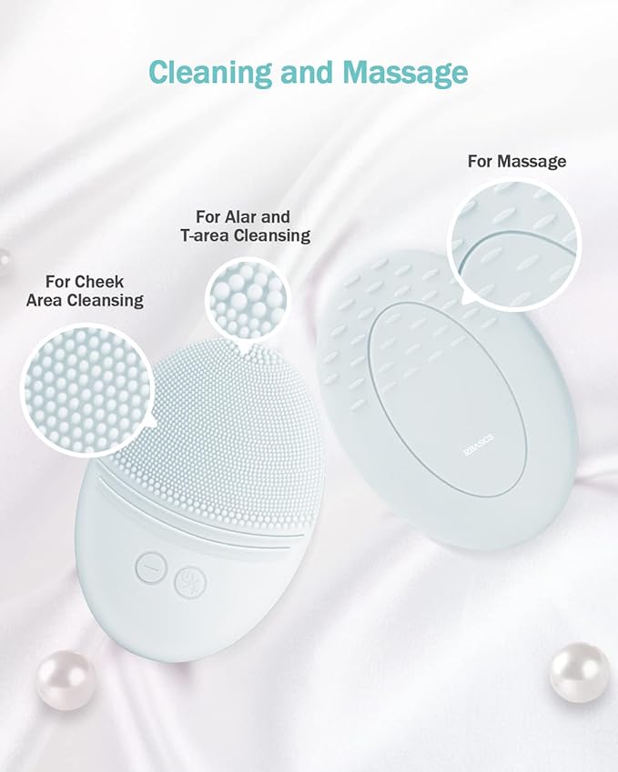 EZBASICS Facial Cleansing Brush Made with Ultra Hygienic Soft Silicone, Waterproof Sonic Vibrating Face Brush for Deep Cleansing, Gentle Exfoliating and Massaging, Inductive Charging (Light Grey)