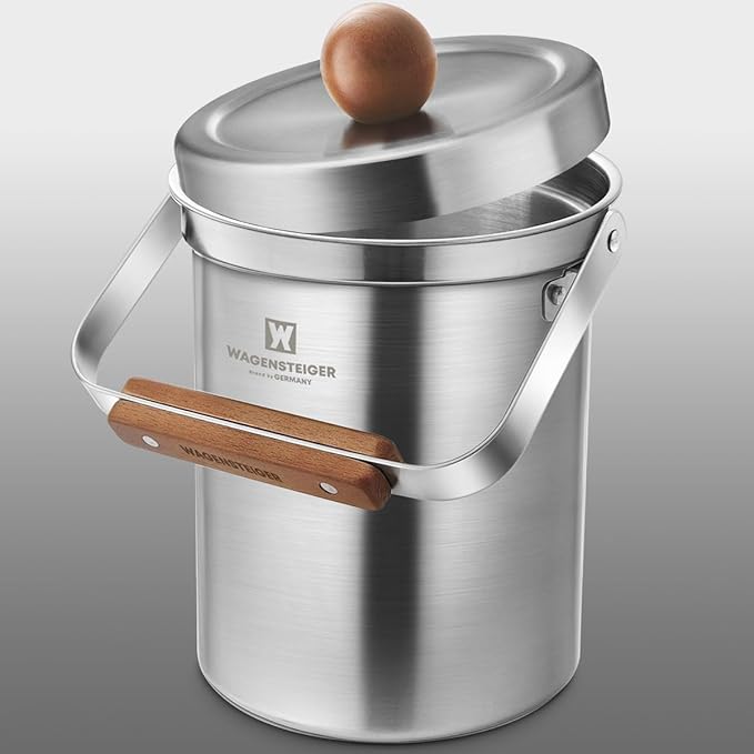 Kitchen Countertop Compost Bin 101ounces / 3Liters with Airtight Lid, SUS304 Stainless Steel Odor-Free Food Waste Bin with Wooden Handle Stylish Design/Bathroom Trash Can (Silver)