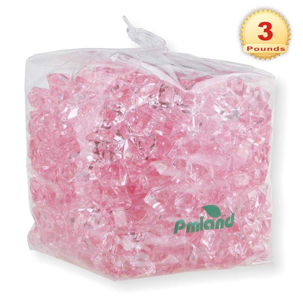 PMLAND Clear Fake Ice Rocks – 550 Pcs Large Pink Acrylic Gems Crushed Plastic Diamonds, 3 Lbs / 2.25 Quarts Bulk Vase Filler for Centerpieces Wedding Theme Décor Aquarium Table Scatter