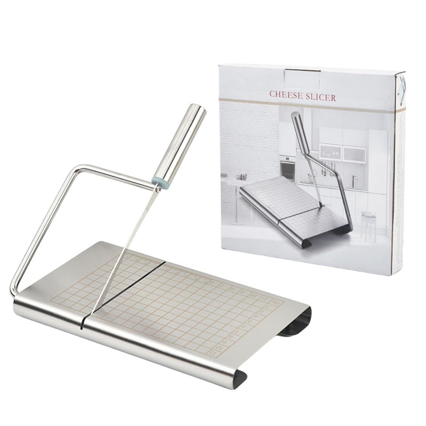 Multipurpose Stainless Steel Cheese Cutter, Bread Slicers with Precision Grid Scale and Anti Slip Base for Block Cheese, Butter, Bread, Sausages, Fruits, Kitchen Gadget Cheese Cutting Board