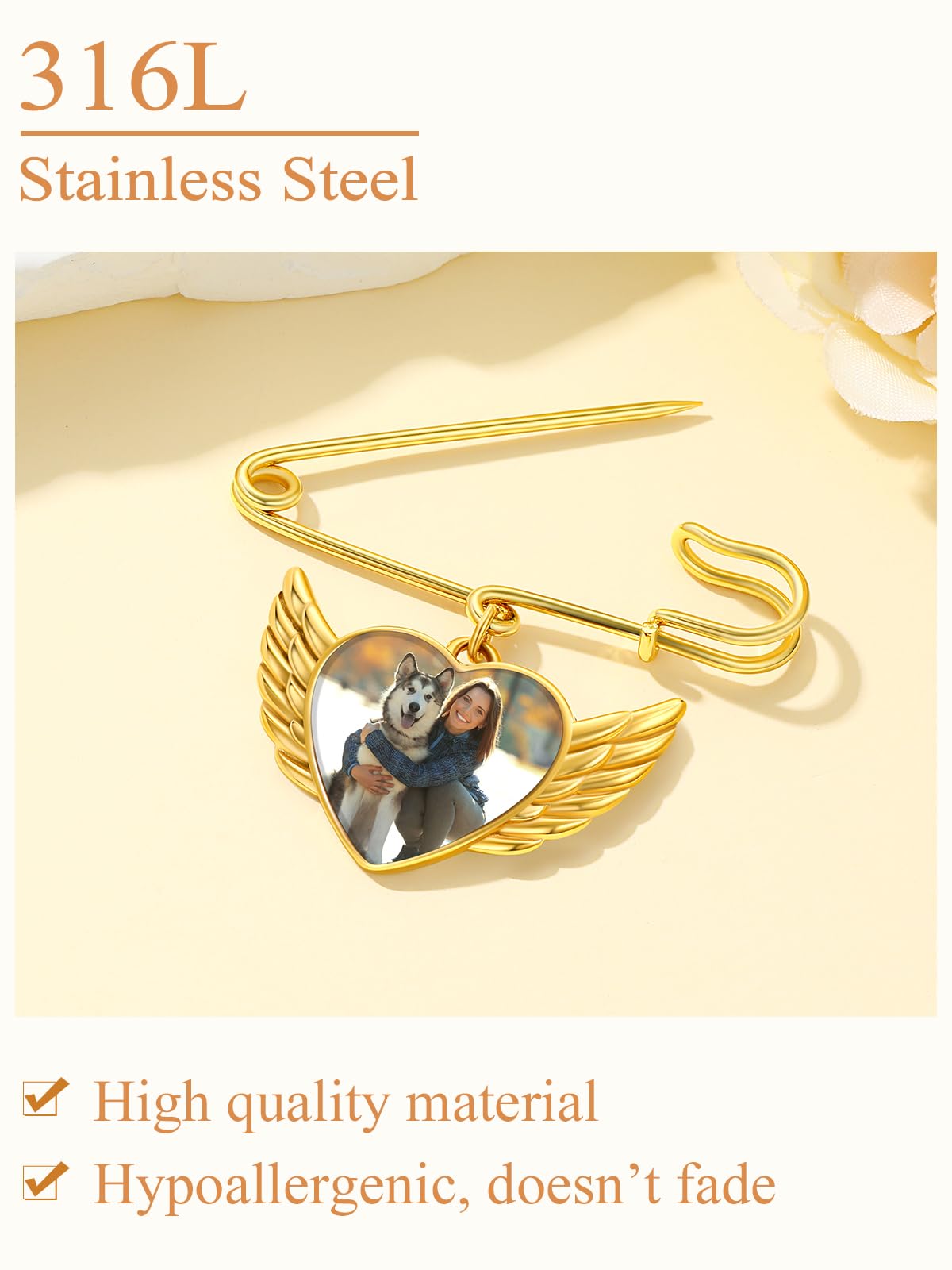 Custom4U Photo Brooch for Wedding Bouquet Angel Wing Pin with Picture Personalized for Groom(With Gift Box)