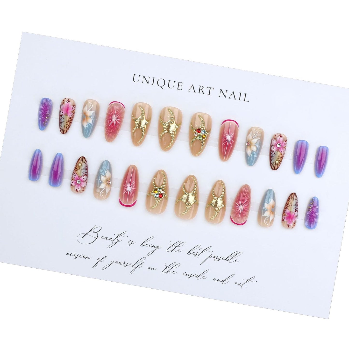 IMSOHOT Press on Nails Almond Medium Fake Nails - 3D Flowers, Golden Star, Rhinestone Designs, Glossy Full Cover Glue on Nails Acrylic Artificial False Nails for Women Manicure Decorations