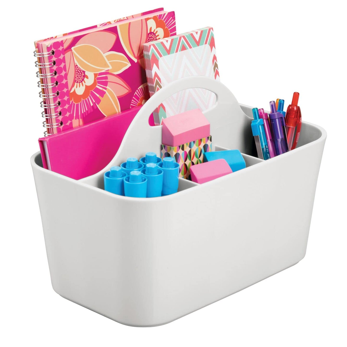 mDesign Plastic Small Office Storage Organizer Utility Tote Caddy with Handle for Cabinets, Desks, Workspaces - Holds Desktop Office Supplies, Pencils, Staplers Lumiere Collection, 2 Pack, Light Gray
