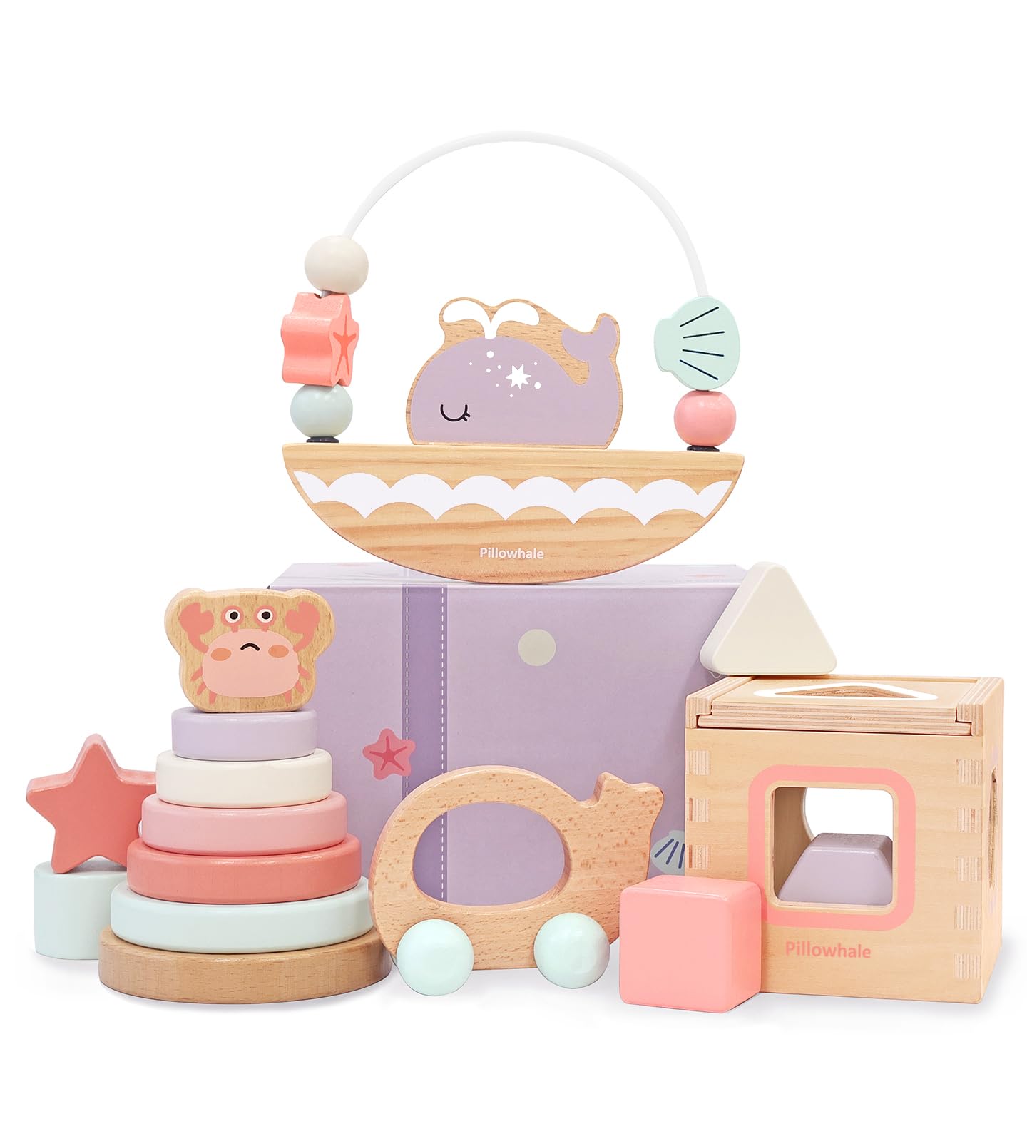 Pillowhale Montessori Wooden Toys Set for Toddlers 12M+ – 4-in-1 Educational Toy with Stacking Rings, Shape Sorter, Bead Maze & Push Car