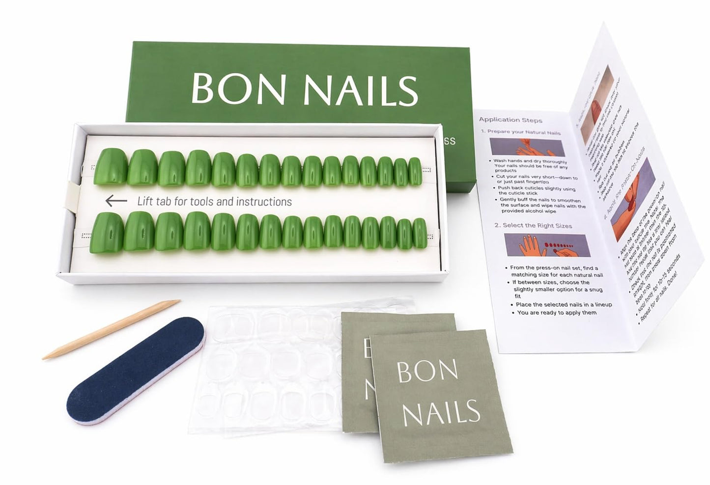 Bon Nails Press-On Nails, Classic Short Style, 30 Pieces with Glue Tabs, Alcohol Pads, Mini Filer, Cuticle Stick (Matcha Green)