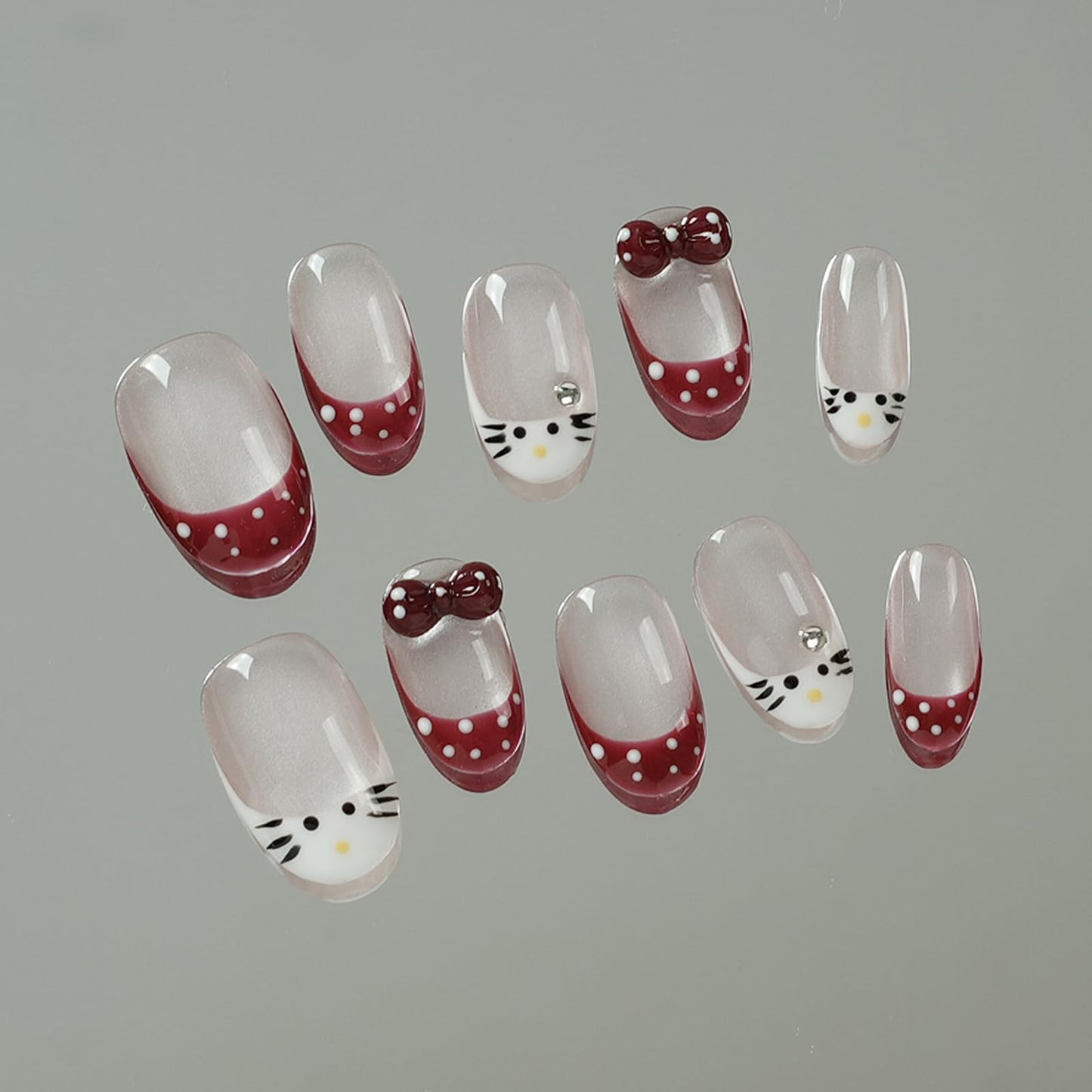 Tesytto Handmade Press on Nails Almond Shape Glossy Reusable False Nails for Nail Art (Cute Cat Polka, S)