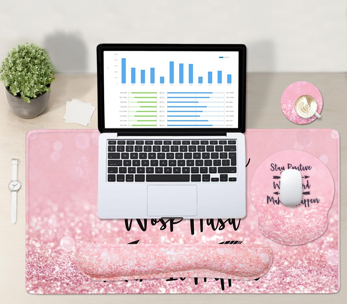 4-in-1 Gaming Mouse Pad Wrist Support Set,Desk Pad + Mouse Pad with Wrist Rest + Keyboard Wrist Rest + Coaster, Ergonomic Design for Home Office Study Game - Pink Stay Positive