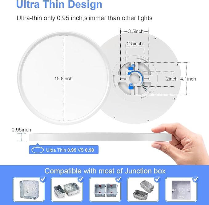 hunhun 16 Inch Dimmable LED Flush Mount Ceiling Light 4800LM Round Light Fixture 5 Color Temperature Selectable Super Slim Large Flat Ceiling Lamp for Living Dining Room White