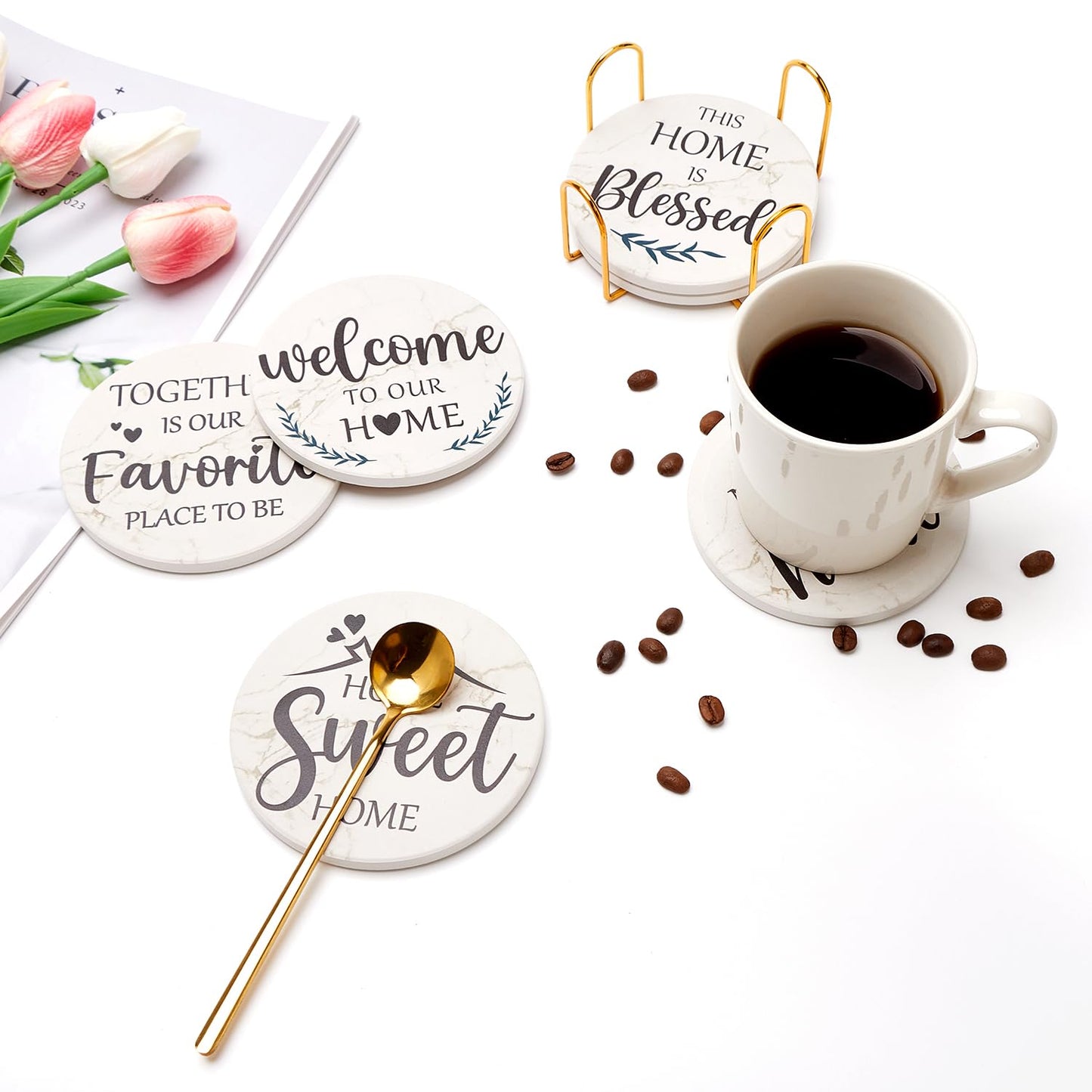 Housewarming Gifts for New Home Coasters Farmhouse Coffee Table Decor Set of 6 Pack Ceramic Cup Coaster Modern House Warming Gift Decorations Coster Cute Marble Drink Coasters Set