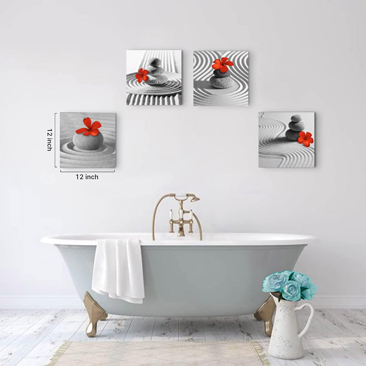 Yxbhhym Bathroom Decor Zen Decor Gray Wall Art Red Floral Wall Pictures Black and White Wall Art Flower Zen Stone Sand Pebble Canvas Print Artwork for Bedroom Living Room Home Wall Decoration