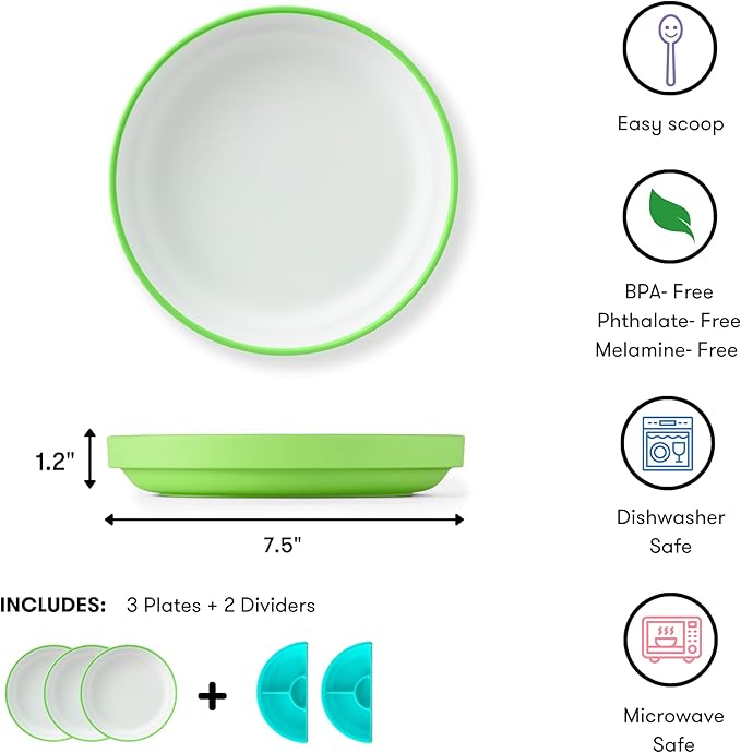 Omie® Easy Scoop Plates for Kids | Unique Design Helps Food Fall into the Spoon, Not on the Table | Made from Plants | 3 Plates + 2 Silicone Dividers | Green