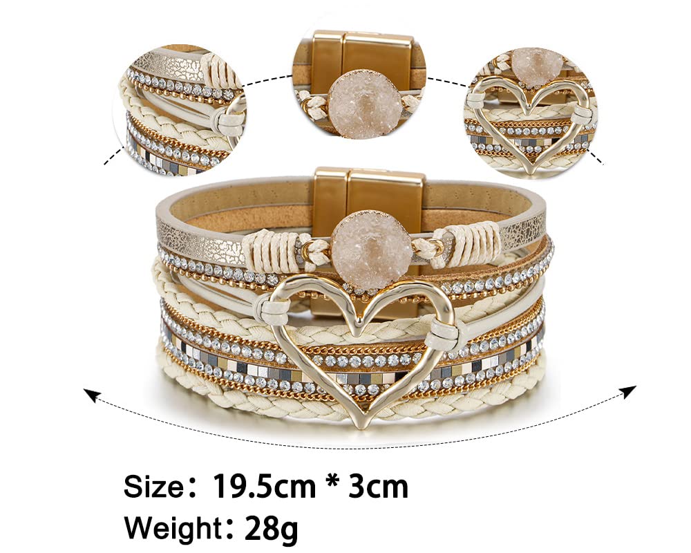 Leopard Bracelet for Women, Boho Leather Wrap Multi-Layer Pearl Crystal Bracelet Bangle Jewelry (Heart Leather(Khaki))