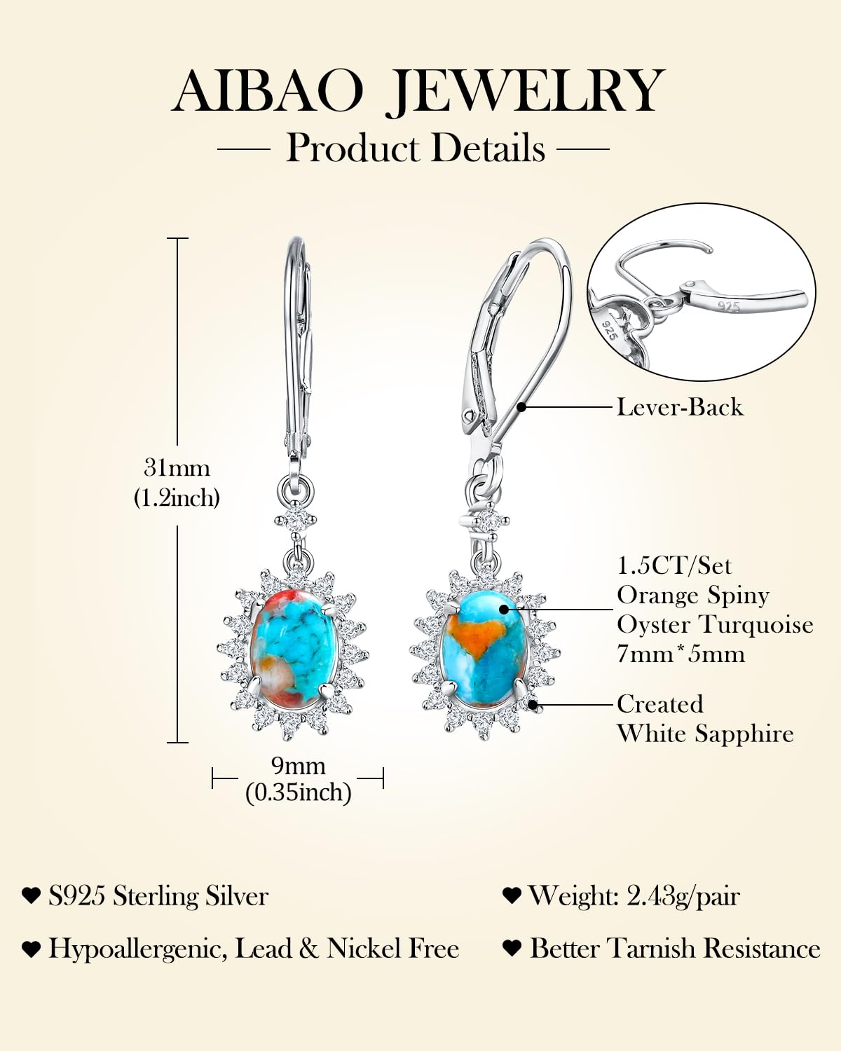 AIBAO Orange Turquoise Dangle Earrings Western Jewelry for Women Oval Cut Gemstone Snowflake Dangling Earrings Sterling Silver Turquoise Earrings