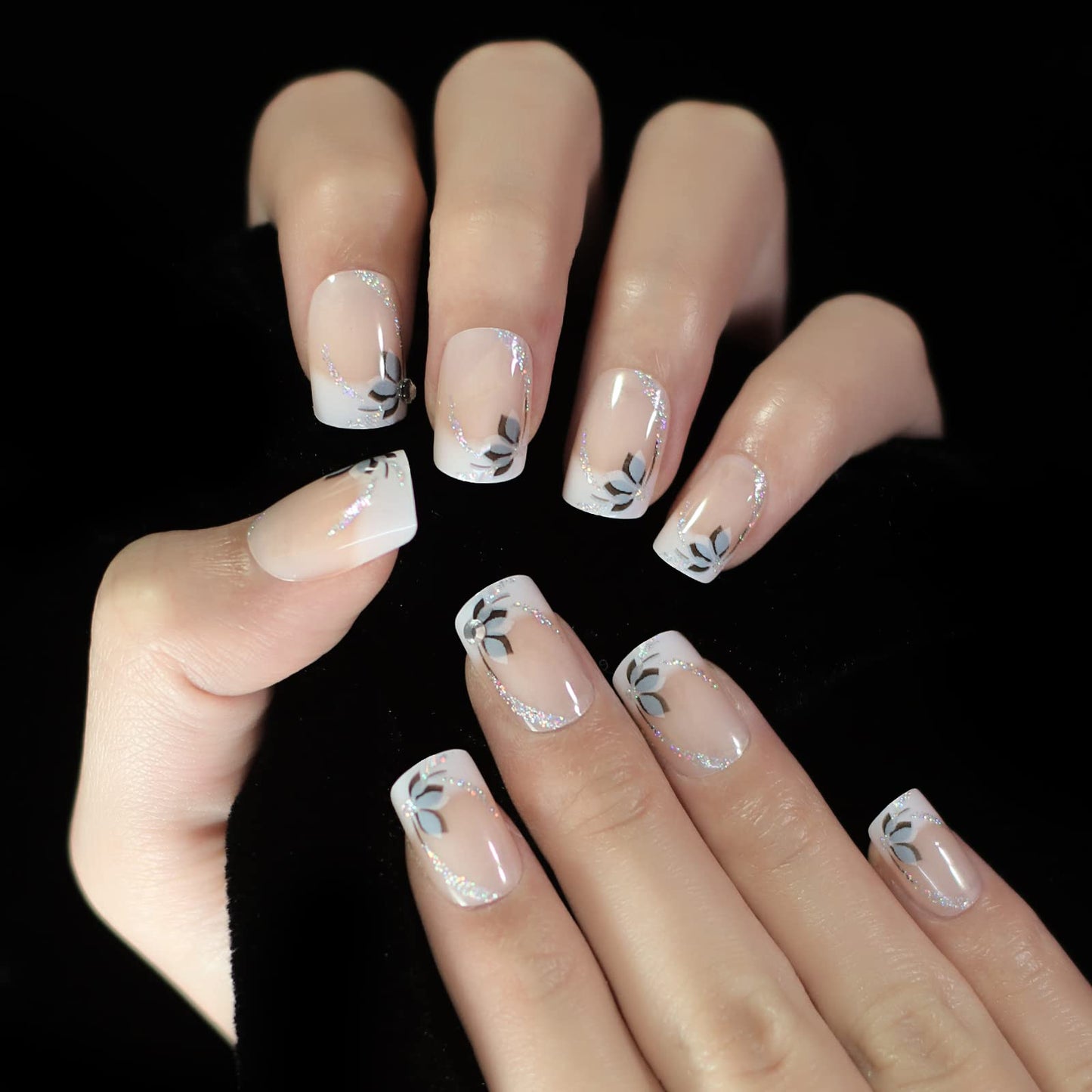 iBeautying Press on Nails - Shiny Short Flower Glitter Deco Ombre False Nails | UV Gel Finish Medium Short Coffin Flat Shape Reusable Fake Nails - 24 Nail Kit with Jelly Glue Pad