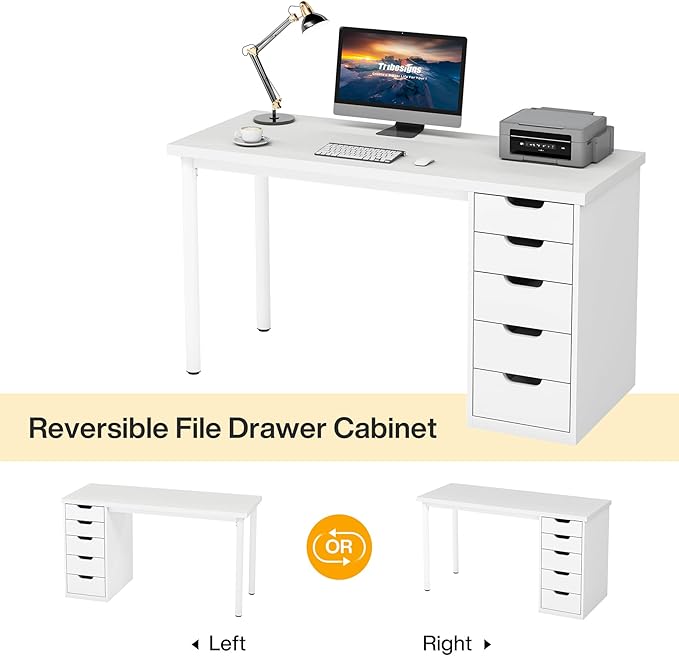 Tribesigns Computer Desk with 5 Drawers, 47 inches Rustic Brown Home Office Desk with Storage, Modern Simple Laptop Desk Study Writing Table for Small Spaces (1, White)