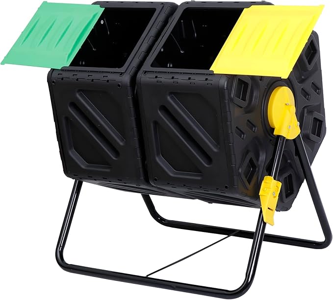 F2C Dual Chamber 37 Gallon Compost Tumbler All-Season Outdoor BPA Free Large Composter Bin w/ 2 Sliding Doors and Solid Steel Frame