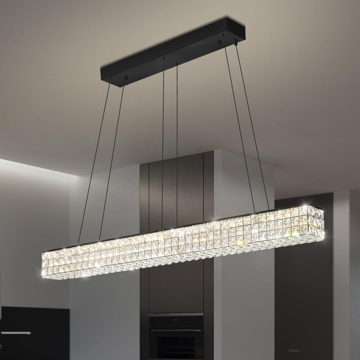 W48 Black Chandeliers for Dining Room, Modern Crystal Pendant Lights Fixture Farmhouse Hanging Dining Light Fixtures for Kitchen Island, Living Room, Bedroom