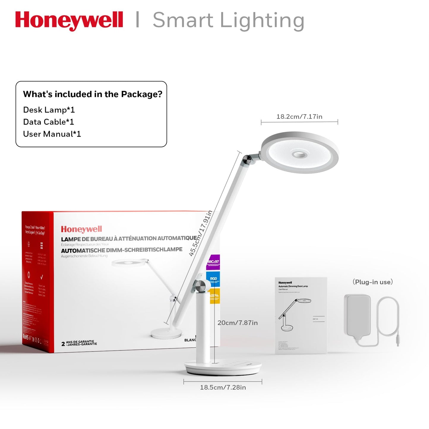 Honeywell Desk Lamp for Home Office, H6 Sunturalux™ Eye-Caring Led Desk Light, 800LM Dimmable Desk Lamp with Timer, Touch Control Tall Desk Reading Light, Table Lamp for Circle Webcam, Study, Bedroom