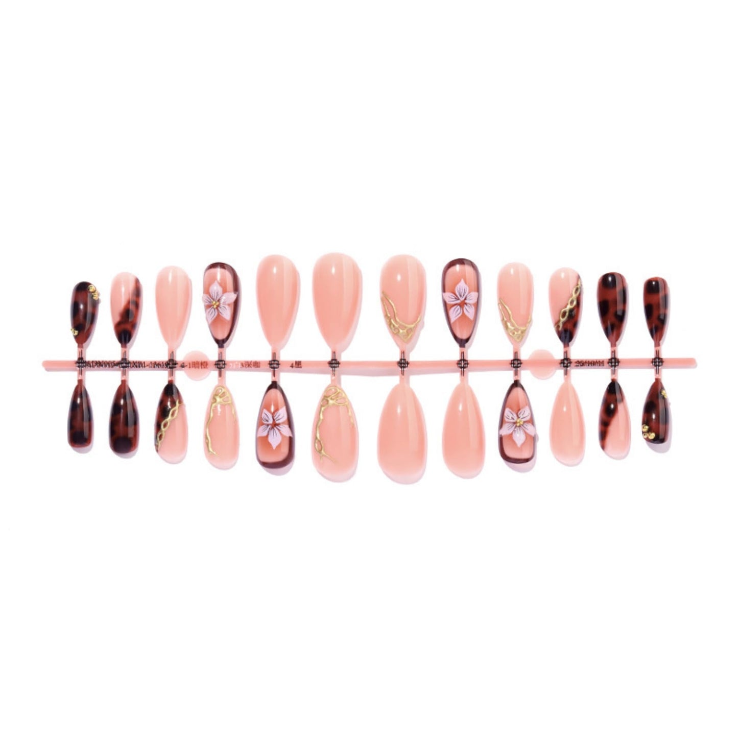 SEENEEY Almond Press on Nails Medium Fake Nails Brown Artificial Nail Floral and Gold Charm Designs Stick on Nail for Women 24pcs