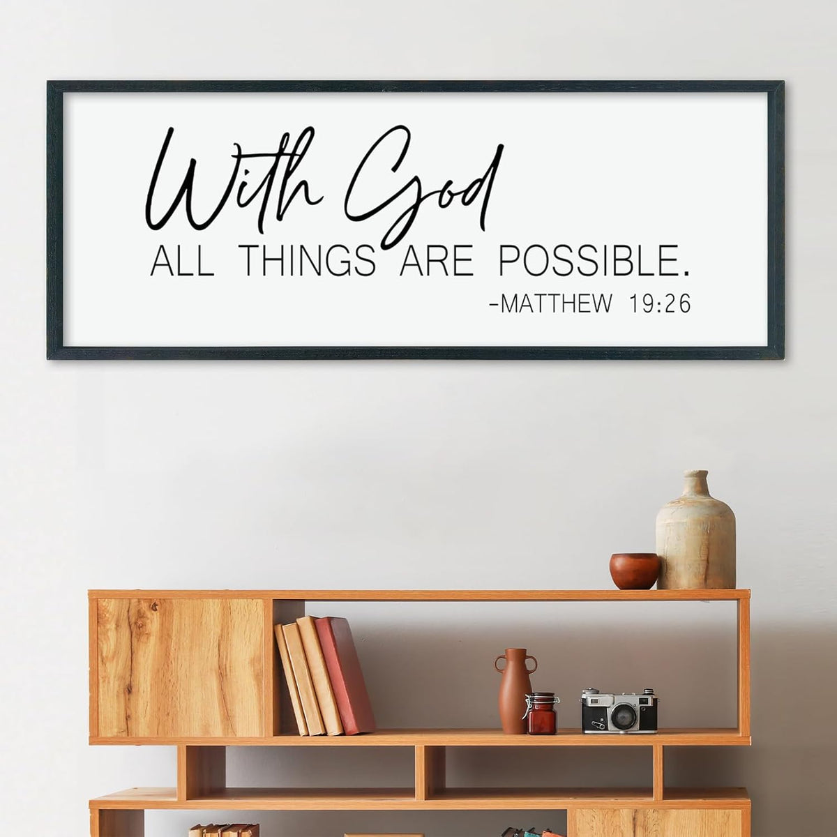 LuZhiQiang With God All Things Are Possible Wall Decor 40"×15" Matthew 19:26 sign Bible Verse Scripture for Living Room Large Wood Framed Wall Hanging Art (Black)