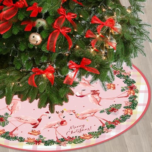Flamingo Christmas Tree Skirt Pink Tropical Xmas Tree Mat Flamingo Holiday Ornaments for Home Seasonal Festive Christmas Party Decor