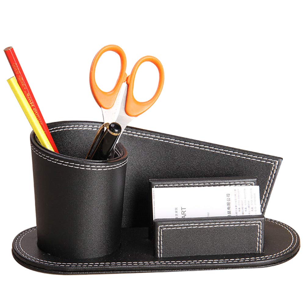 RHCSZ Office Accessories Creative Stylish Leather Pen/Pencil Holder,Multi-Function Desktop Stationery Caddy Organizer & Business Cards Holder Stand(Black)