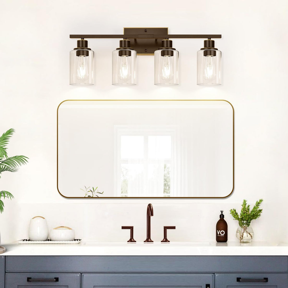 4 Light Bathroom Light Fixtures, Oil-Rubbed Bronze Modern Vanity Lights with Clear Glass Shades, Bathroom Wall Lamp for Mirror Living Room Cabinet