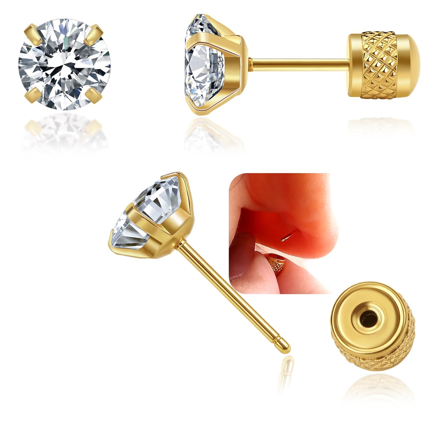 Hypoallergenic Threadless Flat Back Earrings,1 Pairs Cartilage Stud for Women Men Titanium Post 20G None Screw Easy Push in Gold Black Stainless Steel Flatback with CZ 3-7mm (Gold+Clear CZ, 6mm)