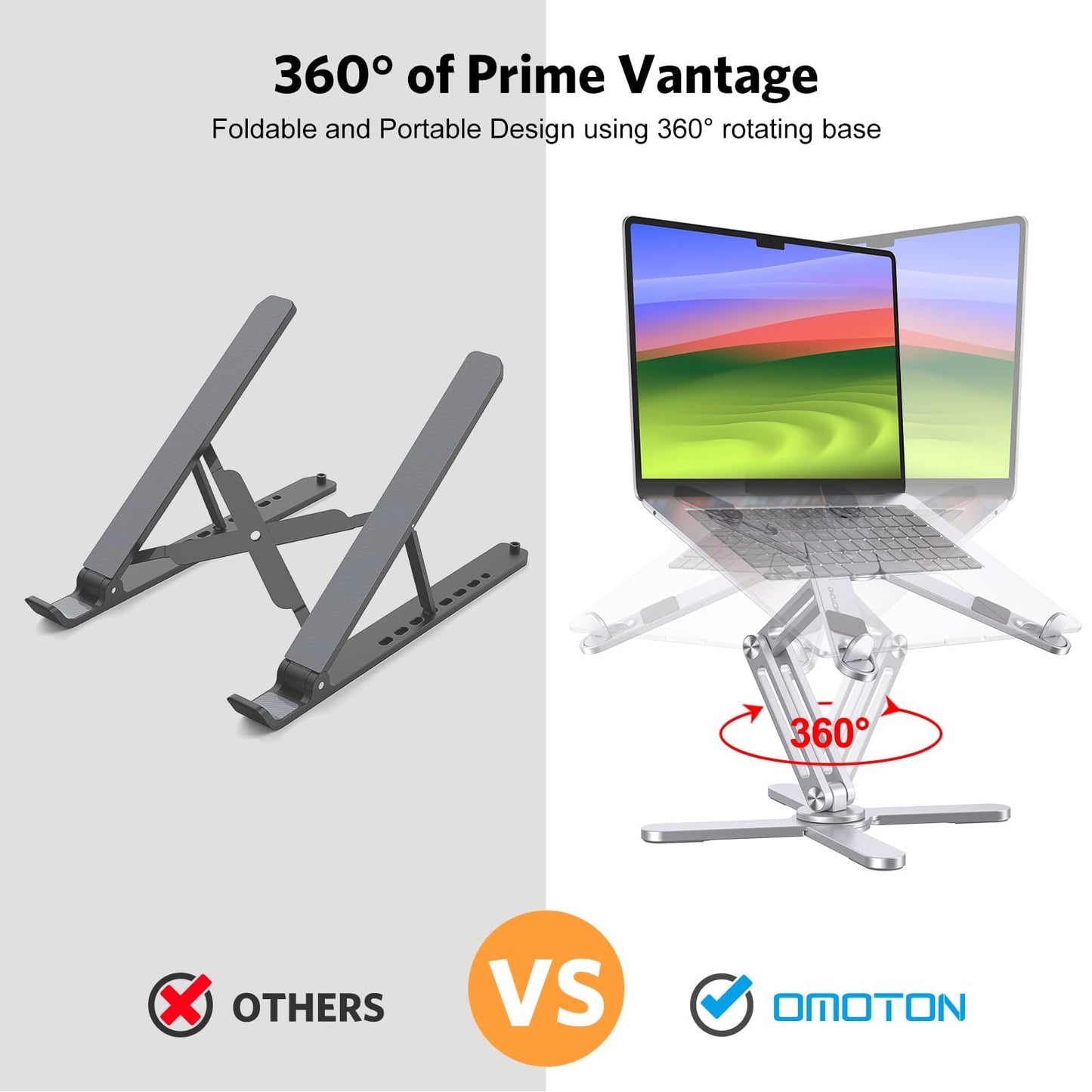OMOTON LA10 360° Rotating Laptop Stand Riser for Desk, Ergonomic Foldable Computer Stand Adjustable Height Angles for Collaborative Work, Easy Storage Fit Macbooks,All Laptops up to 16 inches, Silver