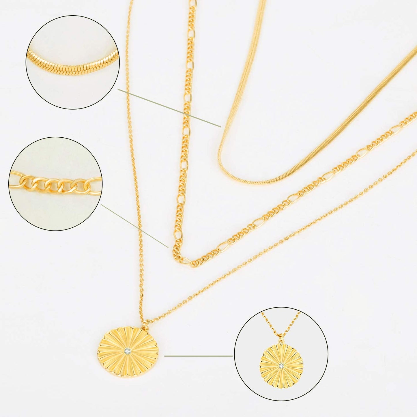 LANE WOODS Layered Necklaces for Women: 14K Gold Plated Long Necklace with Sunburst Pendant