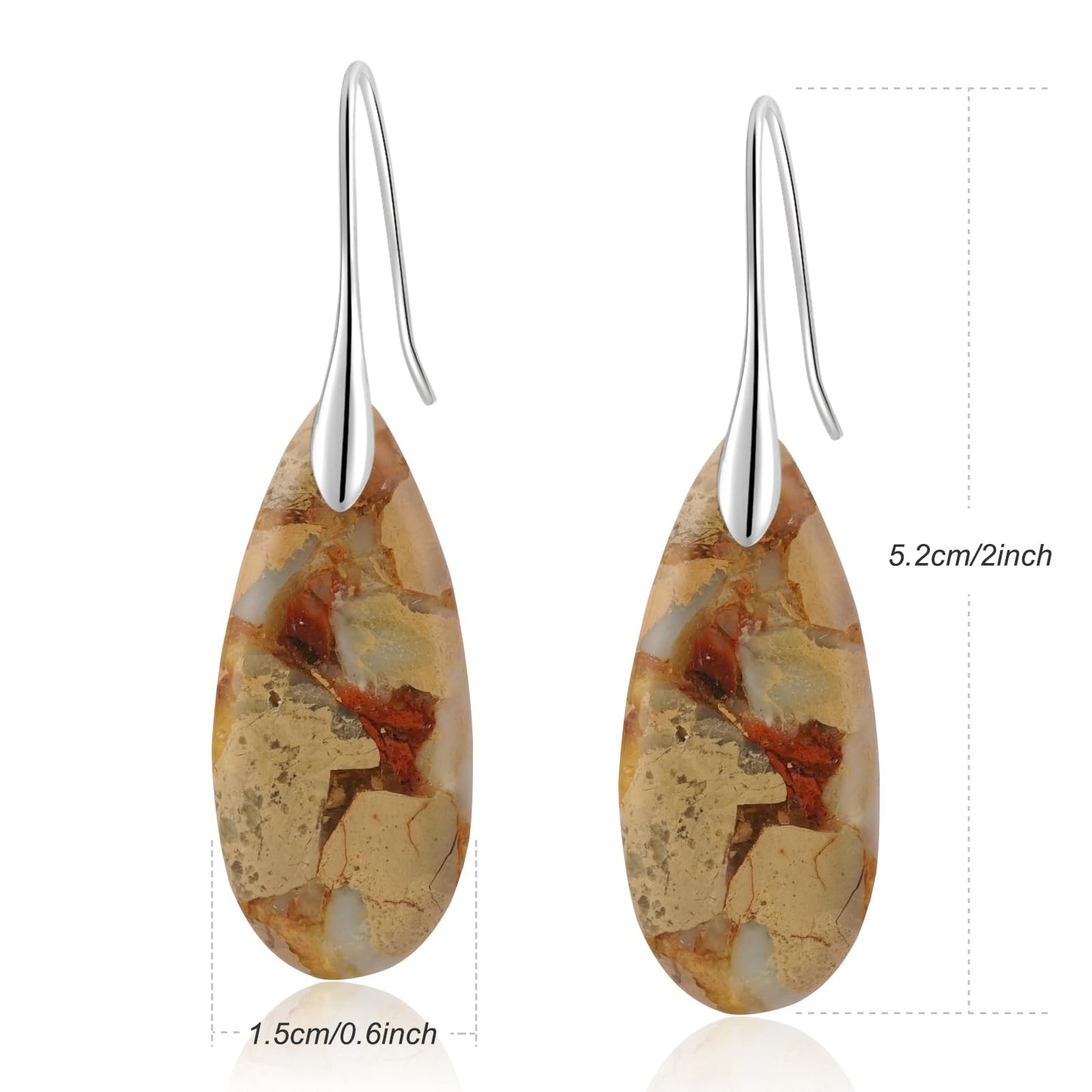 Sriomu Natural Healing Stone Fishhoop Dangle Drop Earrings Statement Gold silver earrings (Camel -Silver Hook)