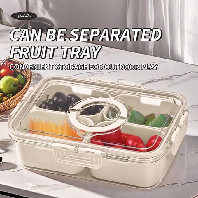 Small Snackle Box Container with Lid, 4 Compartment Travel Snack Container with Handle, Divided Serving Tray with Lid, Portable Snack Box for Candy, Fruits, Nuts, Snacks, Veggies