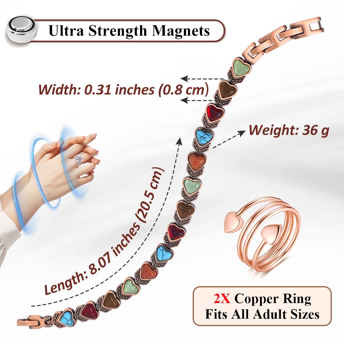 Vicmag Magnetic Copper Bracelets for Women with Natural Turquoise, 3800 Gauss Magnets Adjustable Pure Copper Bracelet & Ring