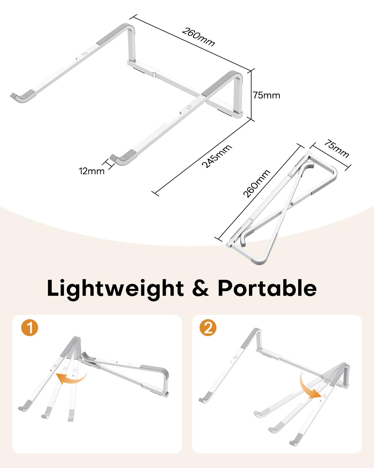 OMOTON Portable Laptop Stand for Desk, Foldable Aluminum Laptop Riser, Ergonomic Computer Stand Compatible with for MacBook Pro/Air, Dell, HP, Lenovo, 10-17.3'' (Silver)
