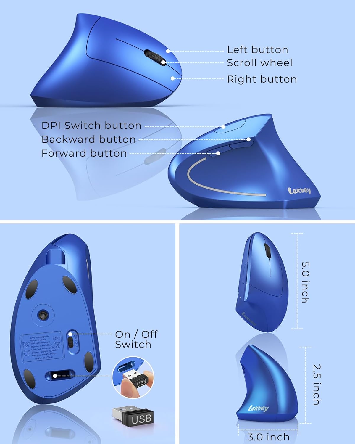 Lekvey Ergonomic Mouse, Vertical Wireless Mouse Rechargeable 2.4G USB Optical Carpal Tunnel Mice : 3 DPI 800/1200/1600 Levels 6 Buttons, for Laptop, PC, Computer, Desktop, Notebook etc, Blue